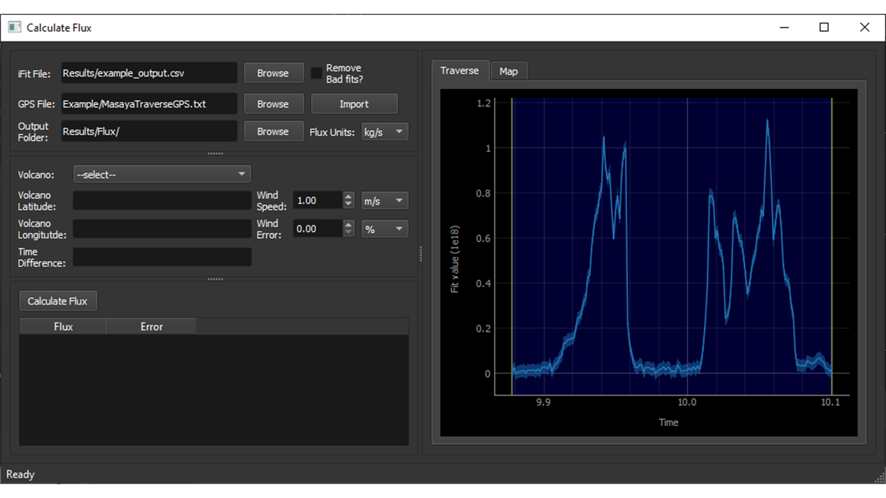screenshot of calc_flux window with imported data